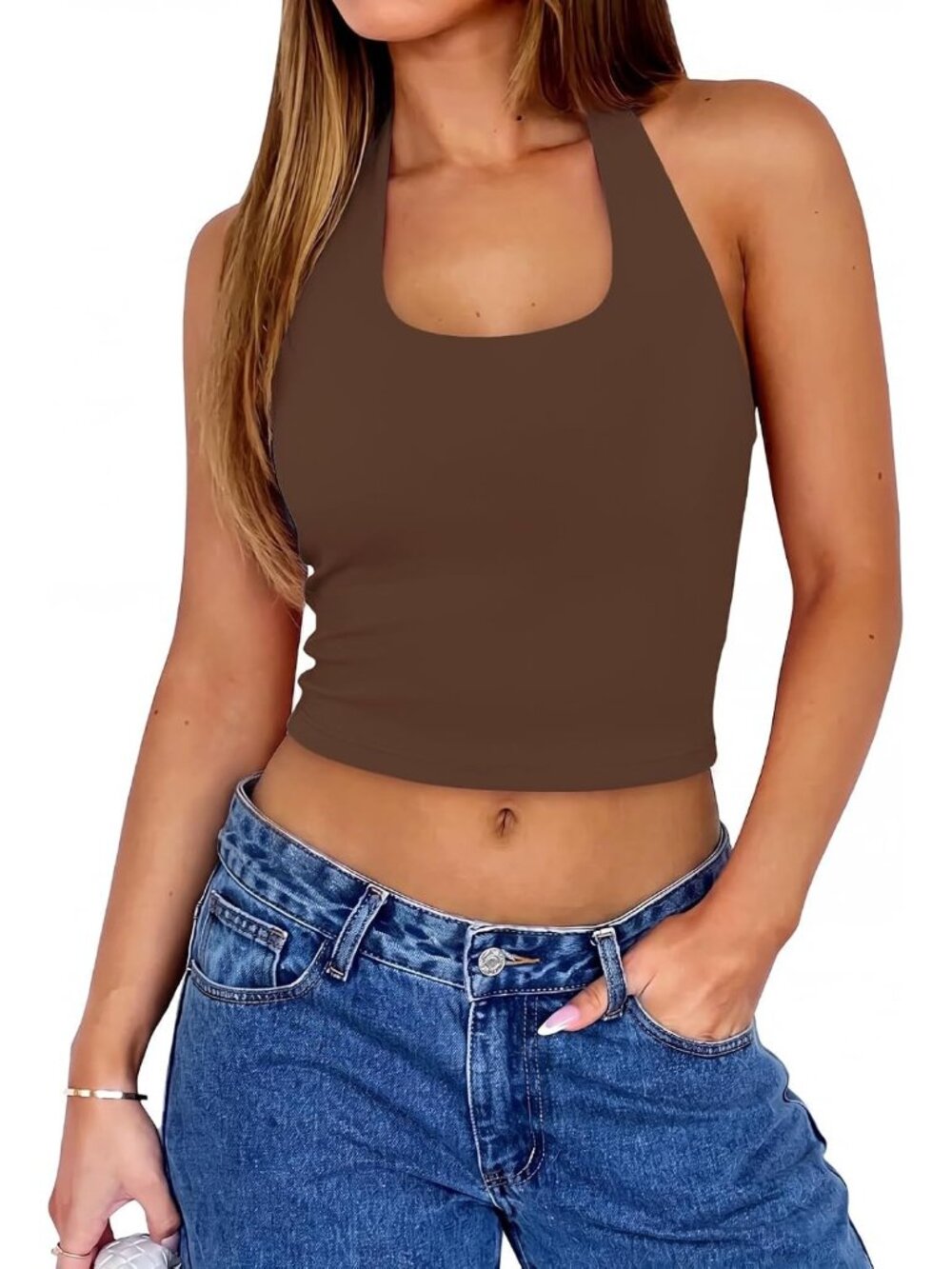 Women's Brown Halter Top Double Lined Backless Y2K Cropped Going Out Top Tank